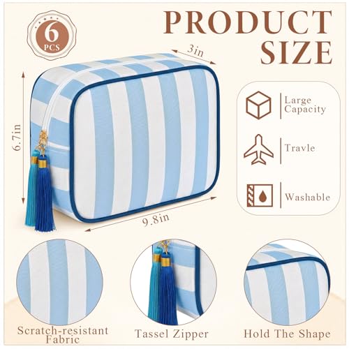 Kacctyen 6-Pack Blue Striped Makeup Bags with Tassel - Travel Toiletry Organizer