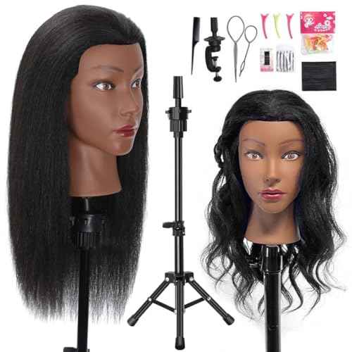 18" MQHIHI Mannequin Head Human Hair with Tripod Set, 100% Real Hair Cosmetology Manikin Doll Head for Hairdresser Practice Braiding with Tripod Set and Tools