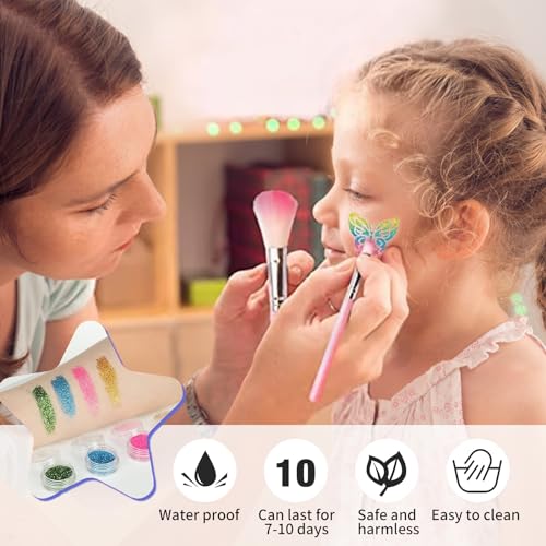Temporary Glitter Tattoo Kit for Kids & Adults, LCDGTJ 42 Glitter & 6 Fluorescent Color, 209 Stencils, 4 Glue, 5 Brushes, 1 Diamond Sticker, Safe & Easy Removal Face Body Art Birthday Party Supplies