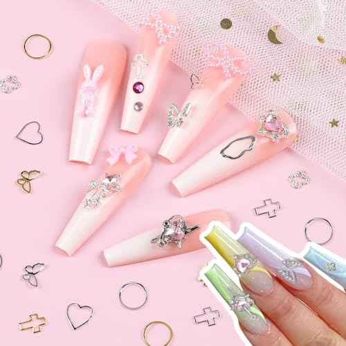 600Pcs Cute 3D Nail Charms and Gems, Pink Rabbit Bow Charms Alloy Butterfly Heart Star Nail Jewels with Nail Rhinestones, Mixed Gold Nail Studs Charms and Glitter Nail Sequins for Nail Design (Pink)