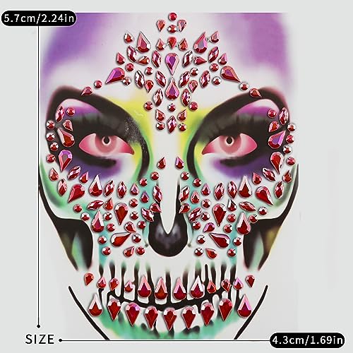 3Pack Sugar Skull Face Rhinestone Stickers for Makeup Halloween Self-Adhesive Temporary Stickers Day of the Dead Face Temporary Tattoo Skeleton Face Gems for Halloween Party Festival Accessory