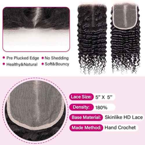 HD Lace Closure Deep Wave Human Hair 5x5 Closure HD Lace Curly Hair Closures for Black Women Pre Plucked 12A Virgin Hair Curly 16 Inch Wet and Wavy