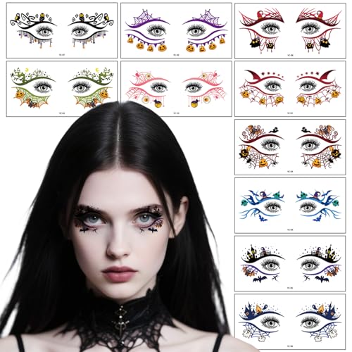 10 Pcs Halloween Eye Tattoos,Colourful Spider Web and Bat Design Eye Tattoos Temporary,Waterproof Sweatproof Day of the Dead Makeup, Halloween Temporary Tattoo for Women Men Party Cosplay