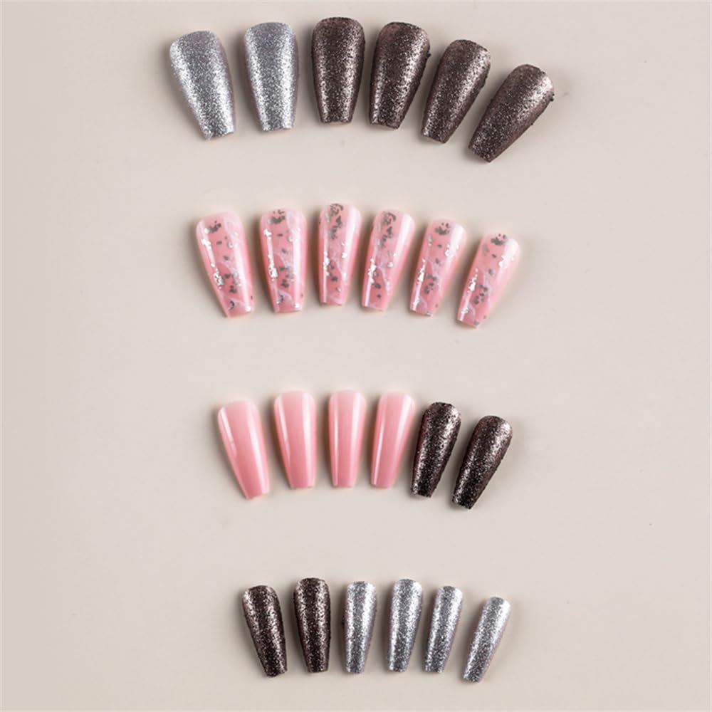 Sparkly Shiny Long Coffin Press On False Nails Medium Length Full Cover Acrylic Fake Nails Ballerina Nails for Women Lady Fashion Nails for Nail Salons and Home DIY Nail Art 24PCS (BKS2137 Mixed Pink)