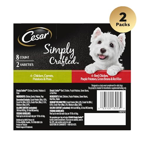 CESAR SIMPLY CRAFTED Adult Wet Dog Food Meal Topper Variety Pack, Chicken, Carrots, Potatoes & Peas and Beef, Chicken, Purple Potatoes, Green Beans & Red Rice, 8 Count (Pack of 2)