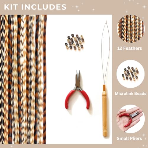 Natural Hair Feathers Kit with Pliers, Beads & Loop Tool