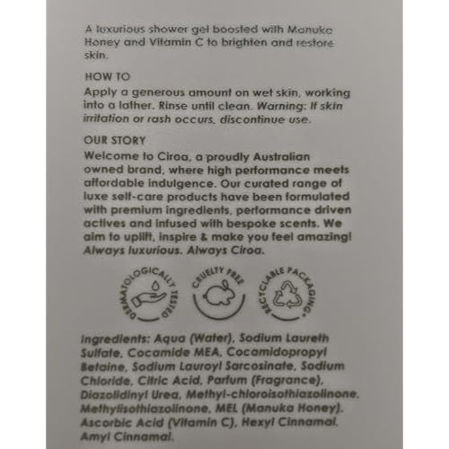 Ciroa, Manuka Honey & Vitamin C, SHOWER GEL, 33.8 fl oz, (1,000ml) Dermatologically Tested, Cruelty Free (Pack of One)
