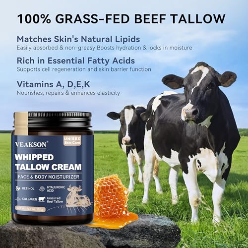 Beef Tallow for Skin, Grass Fed Whipped Beef Tallow and Honey Balm with Anti Aging Retinol, Collagen, Hyaluronic Acid for Face & Body, Wrinkle Skin Care Facial Moisturizer for Women & Men, 5.4 Oz