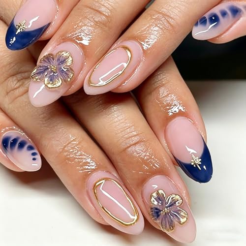Medium Almond Blue French Tip Press-On Nails with 3D Flowers - 24 Pcs