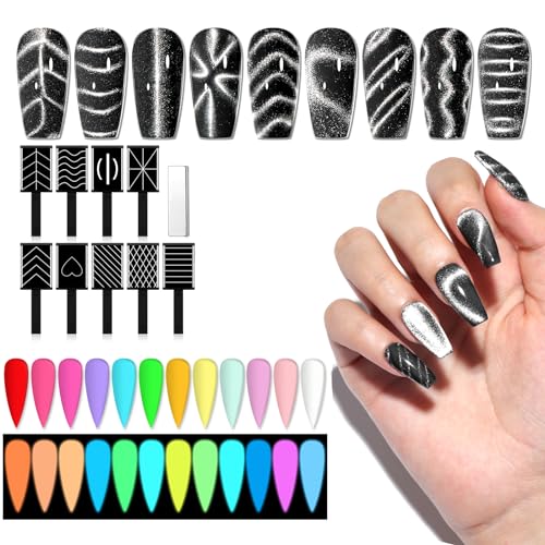 SAVILAND Glows in The Dark Gel Nail Polish Set - 12 Holiday Colors, Luminous Neon Nail Gel Polish Set with Cat Eye Magnets