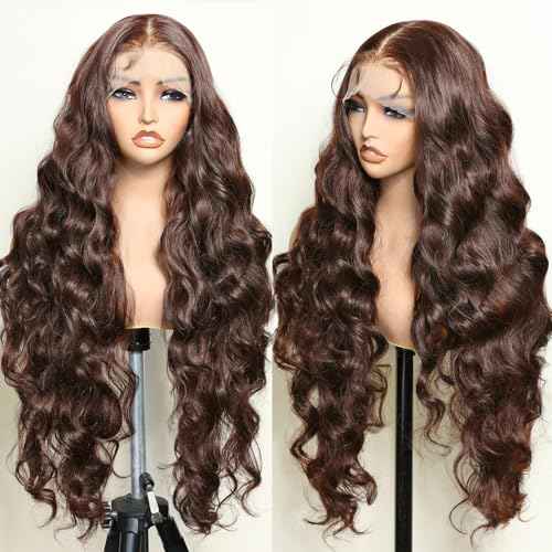 SOKU Brown 13x6 Lace Frontal Wig 32 Inch Long Lightweight Wavy Hair Pre Plucked Hairline with Baby Hair Glueless Transparent Lace Heat Resistant Synthetic Lace Front Wigs for Black Women