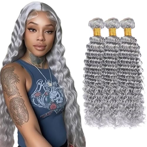 Silver Grey Deep Wave 3 Bundles Brazilian Hair 30" 150G
