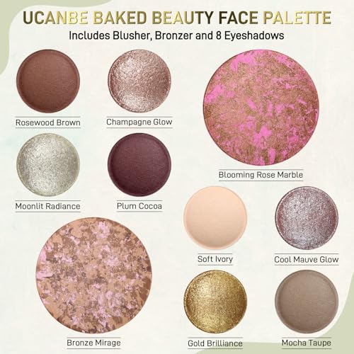 UCANBE Full Size Baked Makeup Palette with Eyeshadow, Blush & Brushes