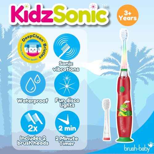 brush-baby - KidzSonic Dinosaur Kids Electric Toothbrush for Ages?3+ with Disco LED Lights, Gentle Sonic Vibrations, 2-Minute Smart Timer & 30?Second Pulse Reminders ? AAA Battery Included