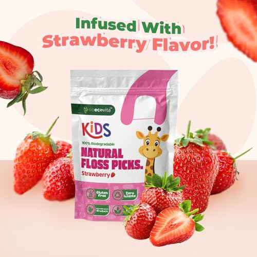 Biodegradable Kids Flossers - Dental Floss Picks for Children | Fluoride & Plastic-Free | Colorful & Fun Animal Floss Sticks | Eco Friendly, Vegan, Natural (Strawberry - 100 Pack)