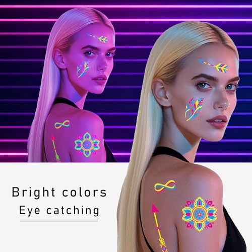 Glow in the Dark Party Supplies Temporary Tattoos 192+ PCS, Neon UV Blacklight Reactive Face Tattoos for for Party Supplies, Fluorescent Henna Flower Temporary Tattoos for Adults, Teens