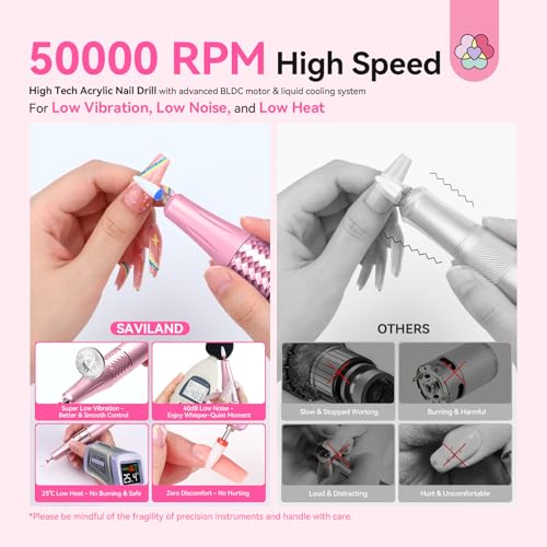 SAVILAND Cordless Electric Nail Drill Machine 50000RPM for Acrylic Nails - Red Pink