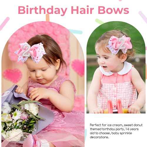 2PCS Hair Bows for Baby Girls Birthday - 2nd Birthday Hair Bow Sweet Theme with Ice Cream Party, Pink Hair Accessories for Baby Toddler 1 2 3 4 5 6 Years, Outfit & Decorations