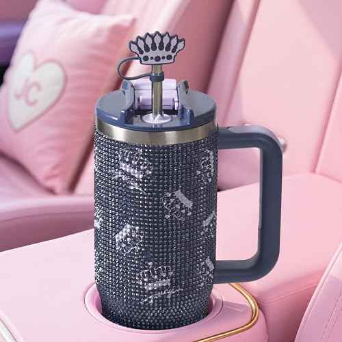 Juicy Couture Jetsetter 30oz Rhinestone Tumbler with Handle and Straw Topper, Navy Blue Crowns