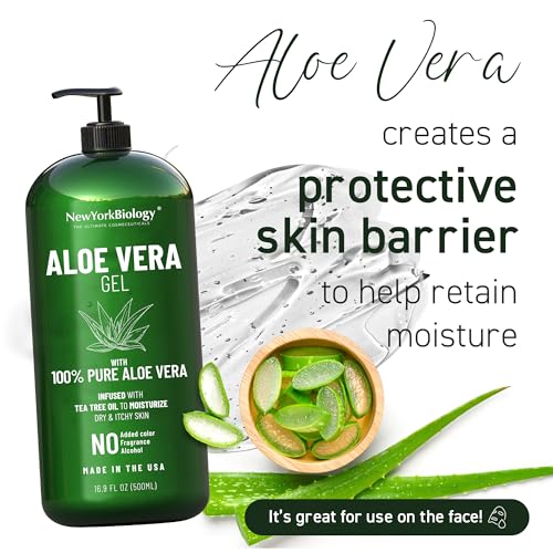 New York Biology Aloe Vera Gel for Face, Skin and Hair - Infused with Tea Tree Oil - From Fresh Aloe Vera Plant - Moisturizing Aloe Vera for Sunburn Relief and Dry Skin - 16.9 Fl Oz - Pack of 2