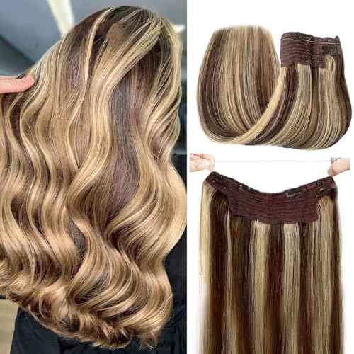 Invisible Halos Human Hair Extensions Ombre Fishing Line Hair Extensions with Adjustable Clips Light Brown to Blonde 613 Human Hair Extensions for Wedding Hairstyle 20in 100g