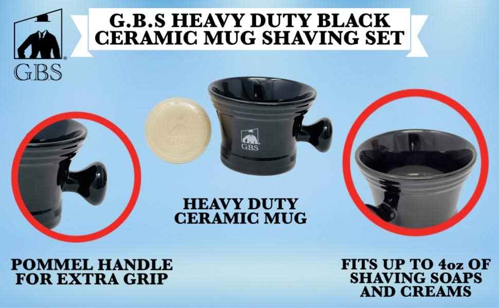 G.B.S Heavy Duty Black Ceramic Shaving Bowl, Mug with Natural Shave Soap – for use with up to 3” Shaving Soaps and Lathering Shave Cream Cup – Pommel Handle (Black)