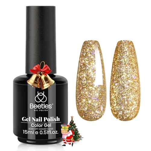 Beetles Gold Gel Nail Polish ? Starlit Gold Sparkling Glitter Reflective Purple Gel Polish 15ml UV/LED Soak Off Long Lasting Christmas Nail Art Home DIY Salon