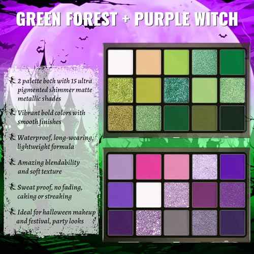 UCANBE 2pcs Eyeshadow Palette Makeup Set, Green Purple Color Shimmer Matte Metallic Eye Shadow Pallet with Soft Brush Eye Make Up Kit for Halloween Cosplay Costume Beetlejuice Medusa Poison Ivy Ursula