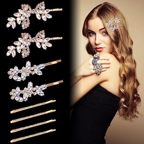 IBEQUEM 8Pcs Rhinestone Bridal Hair Clip Leaf Wedding Hairpins, Rose Gold Bride Crystal Hair Clips, Elegant Crystal Bobby Sparkly Pins, Rhinestone Flower Barrette Hair Accessories for Women Girls