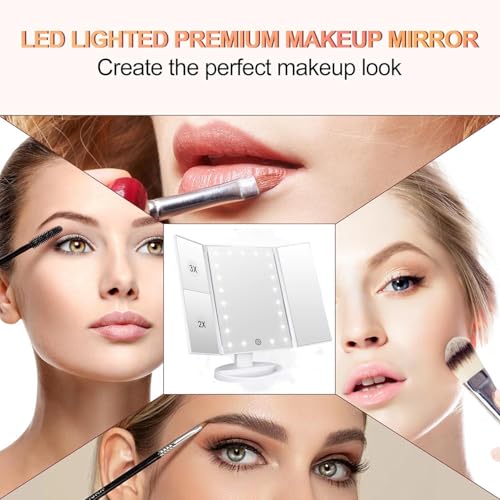 Flymiro Tri-Fold Lighted Vanity Mirror with 3x Magnification & 21 LEDs