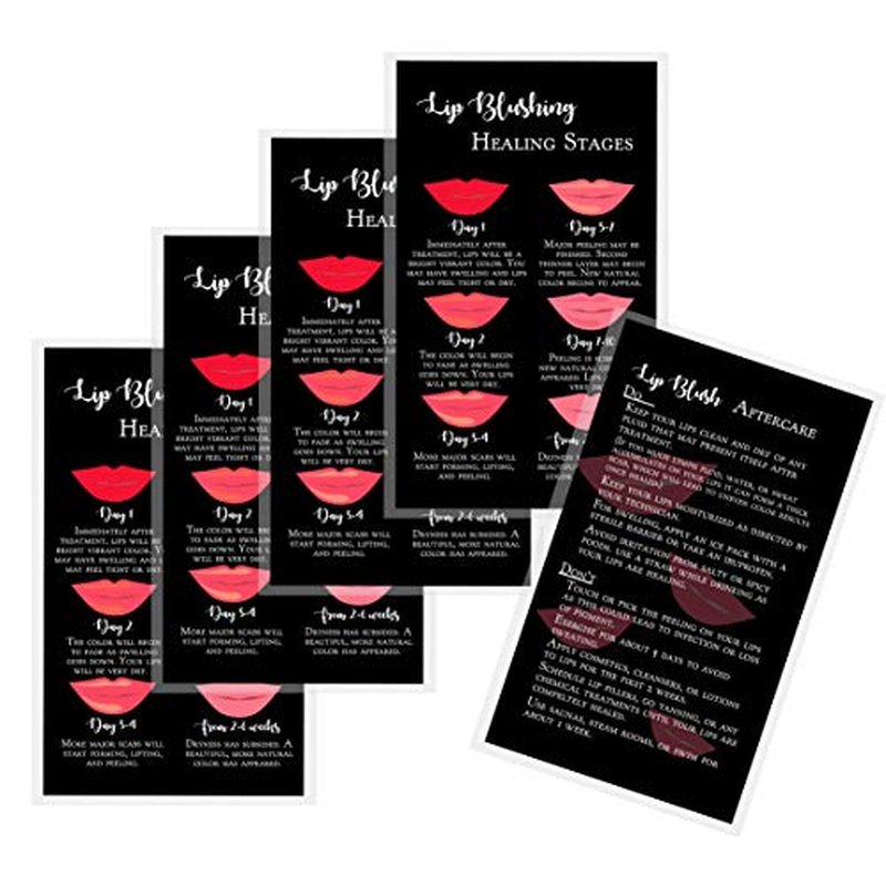 Boutique Marketing LLC Lip Blush Stages of Healing & Aftercare Instructions Cards | Package of 50 | Double Sided Size 2 x 3.5 inches Business Card | Black with Red Lips Design