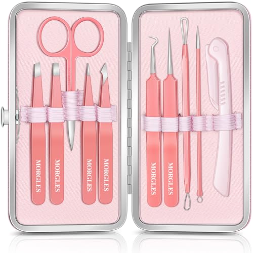 MORGLES Eyebrow Tweezers for Women Facial Hair, 10 in 1 Eyebrow Kit with Pimple Popper and Blackhead Remover Tools, Precision Ingrown Hair Tweezers Set with Travel Bag, Grooming Beauty Set