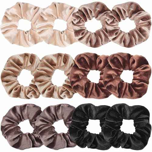 Scrunchies for Women, 12 Pcs Neutral Brown Tones Velvet Scrunchies - Classic Thick Elastic Hair Ties for a Soft Ponytail