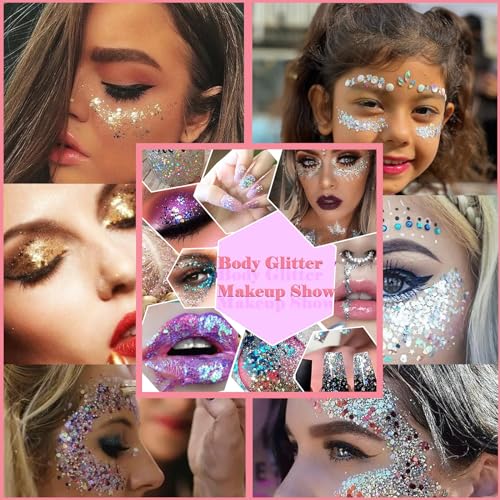 Body Glitter Face Glitter Gel: Singer Concerts Disco Festival Rave Accessories Face Glitter Makeup 150ml Chunky Sequins Mermaid Face Body Hair Glitter Gel (Red&White&Pink)