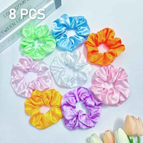 8 PCS Light up Scrunchies for Girls, Glow in the Dark Party Supplies, 3 Glow Mode Satin Scrunchy, LED Hair Accessories for Birthday Party, Rave Party, Festival & Sleepover Party
