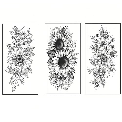 Temporary Tattoo Sunflower 3 Sheets Large Temporary Tattoo For Men Women Adults Waterproof Friction Resistant Low Reflective Lasts 5-7 Day Temporary Sunflower Tattoo