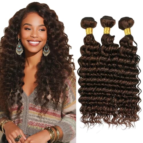 DiexrLamx 300g Deep Wave Human Hair Bundles 22-26 Inch #4 Brown, 3 Pack Variation 4-D Chocolate D