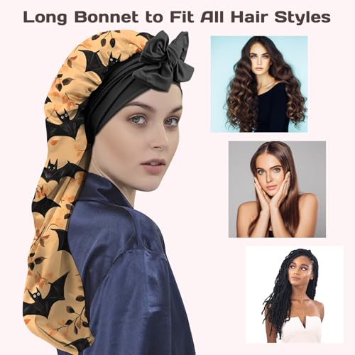 Long Satin Sleep Bonnet for Women & Girls - Soft Silk-Lined Nightcap with Tie - Orange Bat Ao13