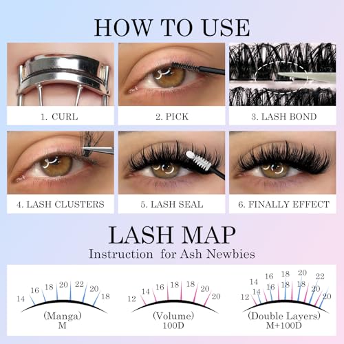 262Pcs Lash Clusters Kit, 80D 12-20mm Volume Eyelash Cluster, 14-22mm Spiky Lashes Extensions, DIY Wispy Fluffy and Spikes Individual Lashes Extension Kit with Lash Bond and Seal, Tweezers