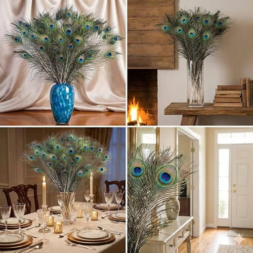 40 Pcs Natural Peacock Feathers 28-32 Inch for Vases & Decor