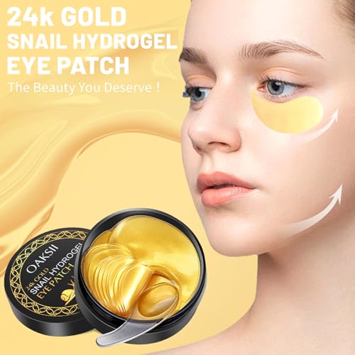 OAKSII Snail Hydrogel Eye Patch, 24K Gold Gel Serum Mask for Dark Circles, Fine Lines, Puffy Eyes, Under Eye Bags, Moisturizing