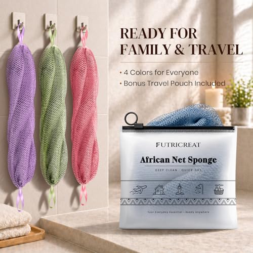 4 Pack African Net Sponge Exfoliating Washcloth, 45" Stretch
