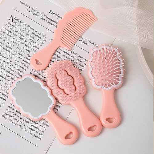 4 Pieces Mini Wet Hair Brush Hair Comb Set For Women Girls Kids Gift Small Cute Cloud shaped Hair Comb Hair Brush Handheld Mirror Set Travel Detangling Comb Massage HairBrush with Air Cushion (Pink)