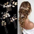 Gold Leaf Pearl Bridal Hair Pins Set - 4 Pieces