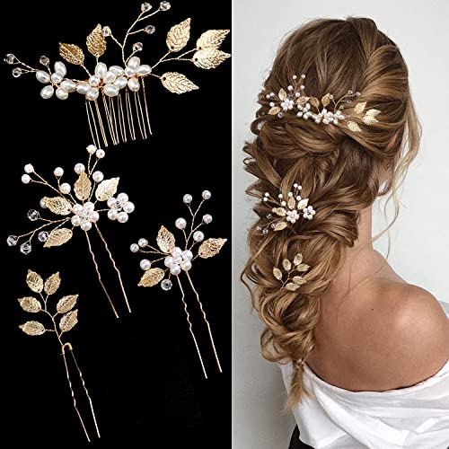 Gold Leaf Pearl Bridal Hair Pins Set - 4 Pieces