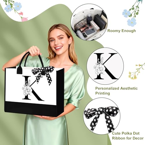 Birthday Gifts for Women, Personalized Mother¡¯s Day Gift for Women, Monogrammed Initial Gift for Her Teacher Wife Mom Friend Daughter Sister Girlfriend, Initial Tote Bag & Makeup bag (K)