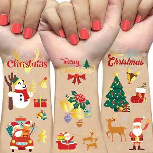 Christmas Party Favors for Kids - 100PCS/4 Sheets Christmas Temporary Tattoos Decorations Party Favors Accessories Goodie Bags Stocking Stuffers Xmas Santa Claus Reindeer Snowman for Kids|6 x 8.2 inch