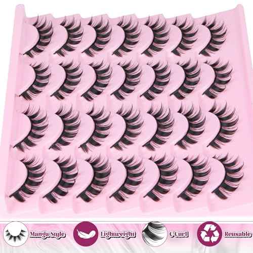 Yawamica Wispy Manga Lashes 8D Thick & Spiky False Eyelashes 15mm Doll Lashes Anime Eyelashes Style Natural Look 14 Pairs Pack Strip Lashes Look like Eyelash Extension