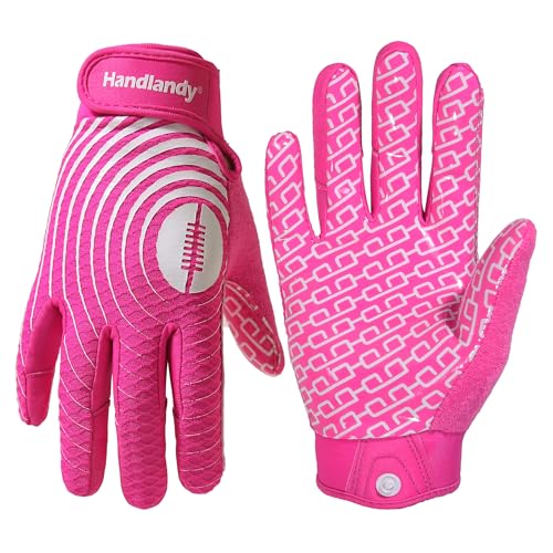 HANDLANDY Youth Football Gloves, Sticky Wide Receiver Gloves for Kids & Adult, Pink Stretch Fit Football Gloves (Pink and White, X-Small)