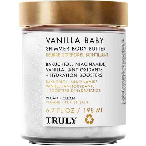 Truly Beauty Vanilla Baby Shimmer Body Butter | Smoothing & Firming Body Moisturizer with Bakuchiol & Niacinamide | Softens, Plumps & Illuminates Skin | Pearlescent Glow & Sweet Vanilla Scent